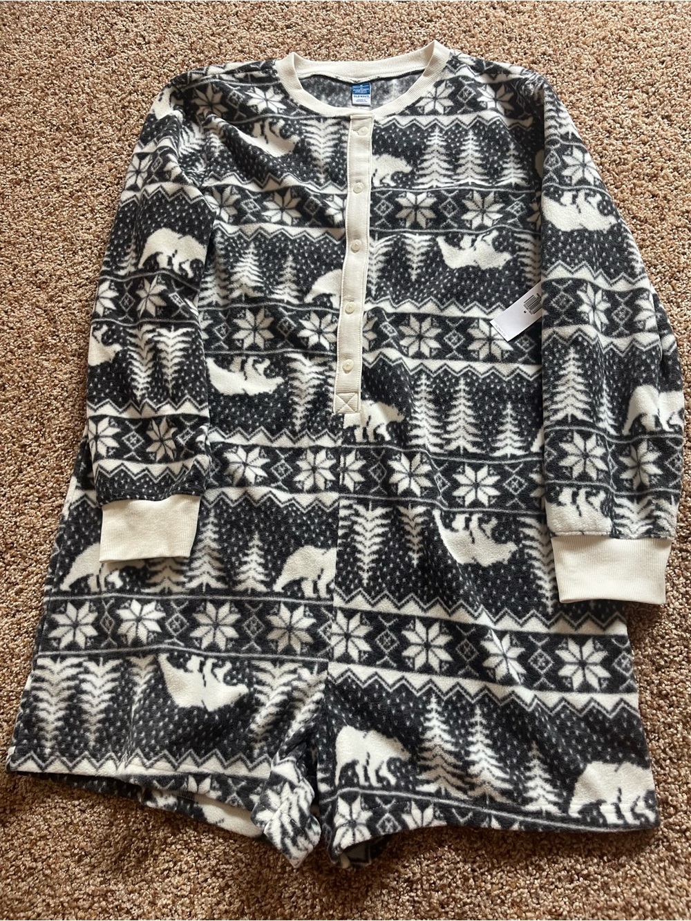 Old Navy Cozy Fleece One-Piece Pajamas NWT Charcoal & White Nordic Sleepwear